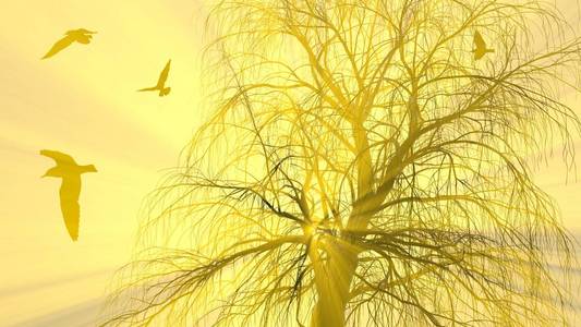 孤独的树, 没有叶子在雾中或雾中点燃明亮的橙色太阳神的光线和飞行的海鸥鸟。3d 插图。旅行和露营的概念