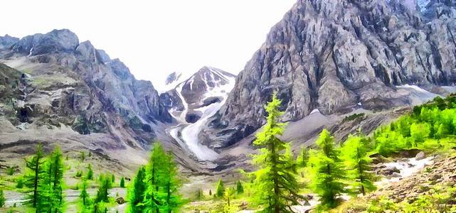 水彩风景的高山与斯诺所涵盖的山峰