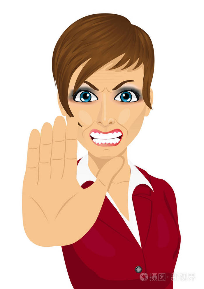 愤怒的年轻 businesswoiman 显示停止手势
