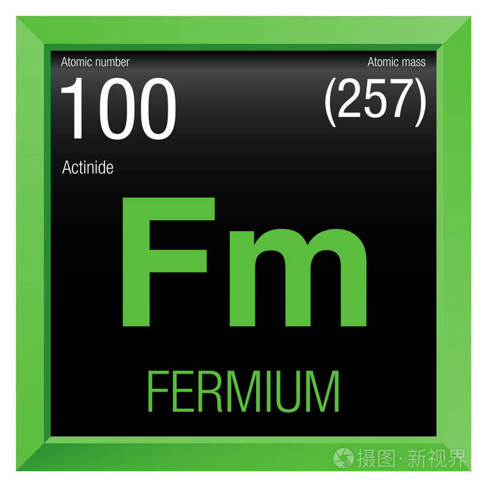 镄符号.元素数目 100 元素周期表中的元素-化学-绿色方框黑色背景