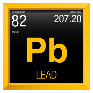 铅的符号.元素编号 82 周期表中的元素-化学-黄色方框黑色背景照片