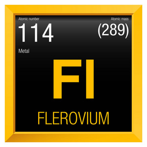 Flerovium 符号。元素编号 114 周期表中的元素化学黄色方框黑色背景