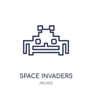 空间入侵者图标。街机集合中的空间入侵者线性符号设计