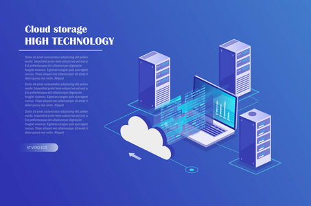 数据中心, 存储服务器, blockchain 技术的等距概念。登录页模板。网站标题。等距向量图