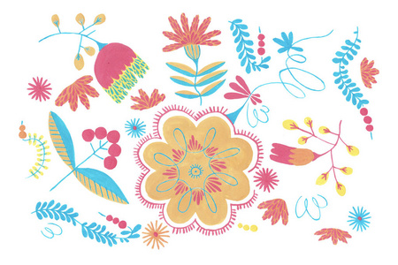 波兰草药图案与橙色花卉装饰, 传统波兰民间无缝图案与花卉插图