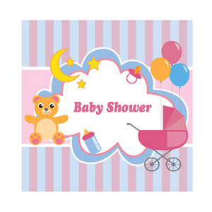 婴儿淋浴卡与熊, 婴儿车, 玩具和气球。向量例证