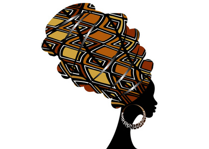 肖像美丽的非洲妇女在传统的头巾, 肯特头包, 达什基印刷, 非洲妇女围巾矢量剪影非洲蜡染族几何装饰棕色彩布, 发型