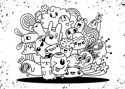 时髦手绘疯狂涂鸦怪物市绘画风格.vecto照片