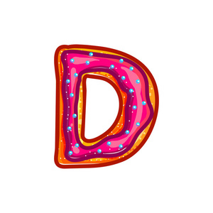 字母 d. 饼干配釉和五彩纸屑。甜甜甜甜圈烘焙字体。圣诞曲奇向量卡通字母查出在白色背景。手绘彩色插图