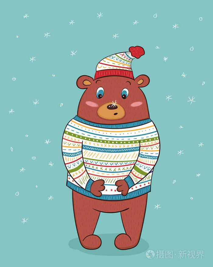 可爱的棕熊在针织毛衣和帽子与装饰品.第一次降雪, 熊鼻子上有雪花.