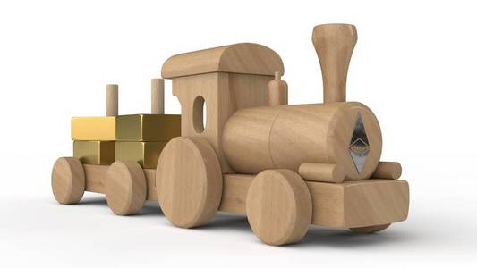 3 d 木制玩具火车的插图, 载着金条的汽车。信贷基金预算童年财富和繁荣的理念。在白色背景上隔离的景深图像
