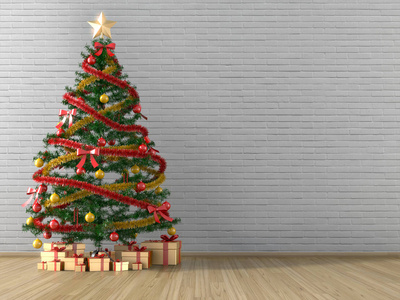 圣诞树和礼物黄金在空 room.3d 呈现