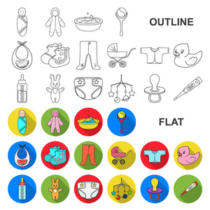 婴儿平面图标的诞生在集合为设计。新生儿和附件矢量符号股票 web 插图