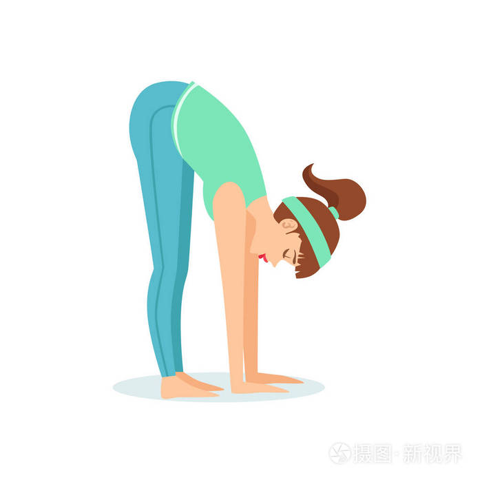 站前屈站立体前屈瑜伽姿势显示在蓝色体育服装矢量图扎马尾辫的女孩卡通瑜伽插画 正版商用图片0tf6i7 摄图新视界