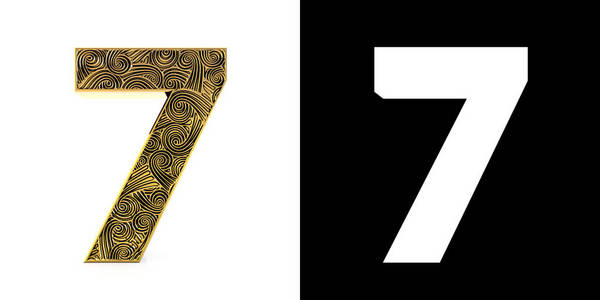 渠道海报金黄数字七 (7年) 在白色背景与样式样式 zentangle, 下落