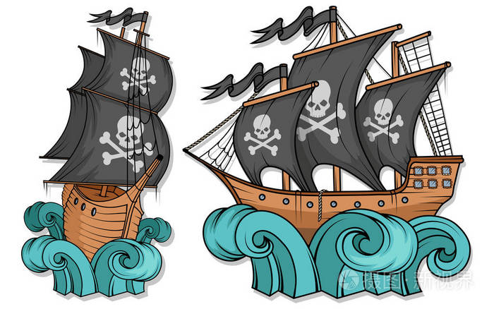 查出的白色背景, 动画片海海盗船, 航海船在海上, 矢量图形设计
