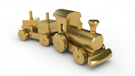 3 d 黄金玩具火车的插图, 载着一辆金条车。信贷基金预算童年财富和繁荣的理念。在白色背景上隔离的景深图像