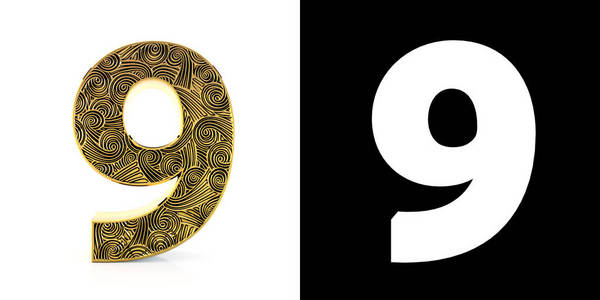 渠道海报金黄数字 9 (9年) 在白色背景与样式样式 zentangle, 下落