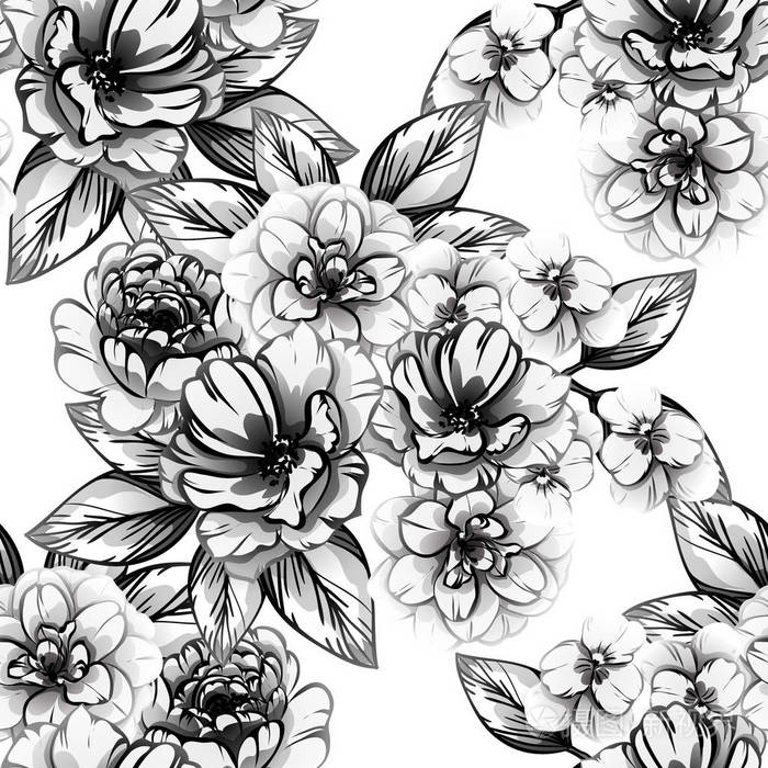无缝复古风格的花卉图案.黑白相间的花元素