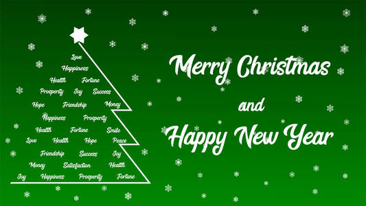 问候卡圣诞快乐, 新年快乐。带有雪花的绿色背景上的文本。以圣诞树的形式排列的文本。贺卡横幅海报的图形