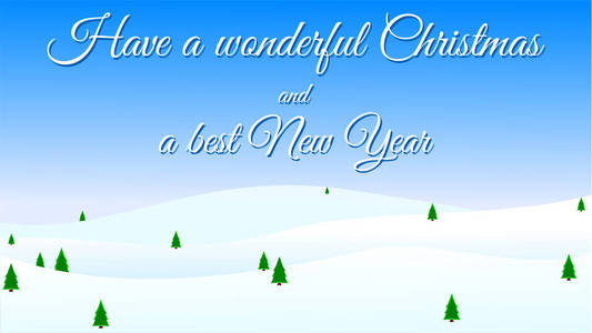 问候卡圣诞快乐, 新年快乐。天空背景上的文本。在书页的底部, 白雪覆盖着针叶树的丘陵。横幅网站海报贺卡的图形