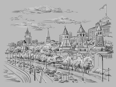 克里姆林宫塔和莫斯科河 红场, 莫斯科, 俄国 的路堤的城市景观在灰色背景的黑和白色画例证