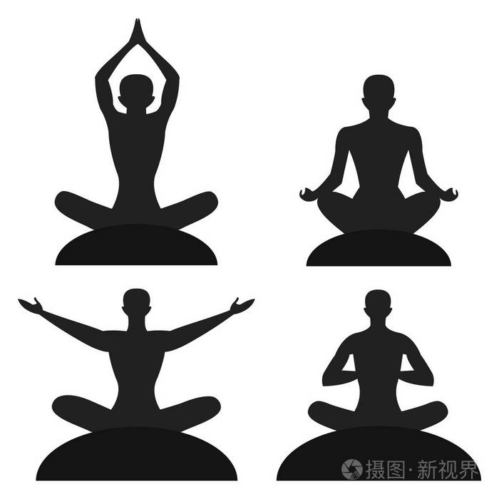 在白色背景上设置的冥想剪影孤立的矢量