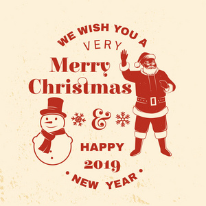 我们祝愿您圣诞快乐, 新年邮票, 贴上 snowmans 和圣诞老人的标签。向量例证