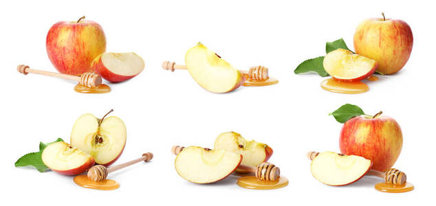设置与削减苹果和蜂蜜在白色背景