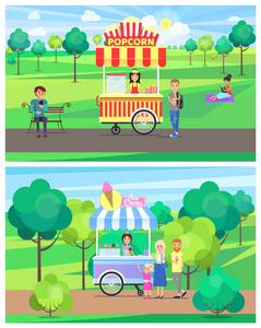 绿色夏日公园里的爆米花和冰淇淋车