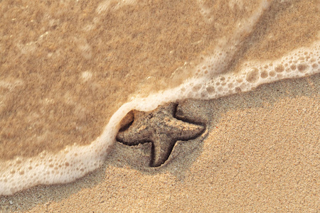 海星被海浪冲走在沙滩上的沙子上。发泡的海浪来在潮湿的黄色沙滩上洗一张照片。节日和职业信息。从上面看。复制空间