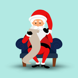 卡通圣诞老人坐在椅子上，读一封长信。矢量图