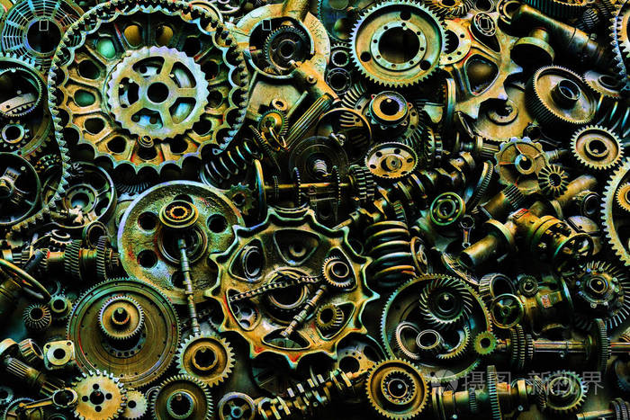 蒸汽朋克背景, 机器零件, 大型齿轮和链条从机器和拖拉机.