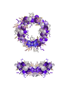 用彩带 球和弓孤立的圣诞花环