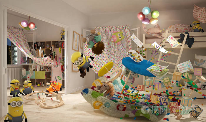 的概念在儿童卧室与飞行对象和家具, 色彩凌乱的室内设计, 爪牙玩具