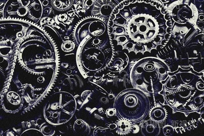 旧的生锈的机器和机械零件.弹簧,轴承,活塞,曲轴,凸轮轴