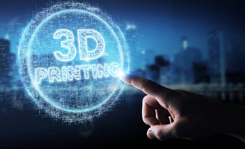 在模糊背景下的商人使用3d 打印数字全息图3d 渲染