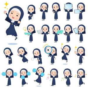 一套有数码设备的修女妇女, 如智能手机。有表达情感的行为。它的矢量艺术, 所以它很容易编辑