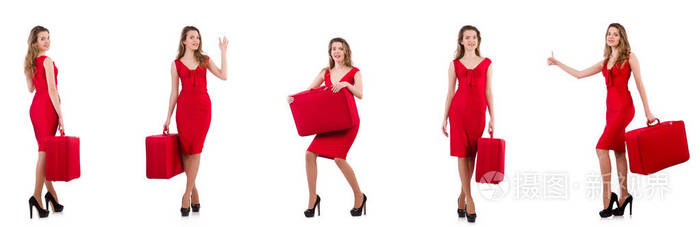 年轻女人穿着红色带上白色孤立的手提箱
