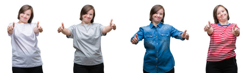在独立背景下的综合征妇女的拼贴画批准做积极的手势与手, 竖起大拇指微笑和快乐的成功。看着相机, 赢家手势