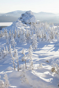 山脉 Zyuratkul，冬季景观。雪扫云杉