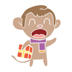 大喊扁平色风格的卡通猴子携带圣诞礼物