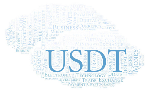 usdtusdt 探测或系绳加密硬币字云。只用文字制作的文字云照片