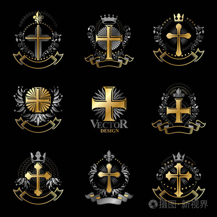 基督教的十字架标志设置.纹章徽章装饰标志孤立的矢量插图合集
