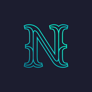 N 字母徽标。单声道线平板衬线复古类型