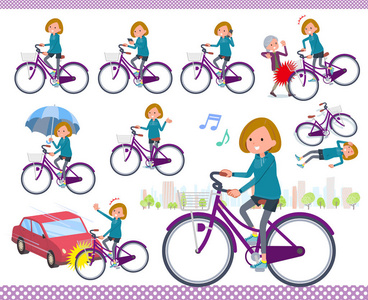 一组穿着运动服装的女性骑行在城市周期。在举止和烦恼上都有行动。它是矢量艺术, 所以很容易编辑