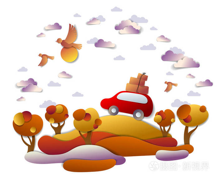 汽车旅行和旅游在秋天, 红色的小货车与行李骑在道路上橙色秋天草地之间的树木, 鸟类和云朵在天空中, 剪纸向量在风景风景的例子汽车