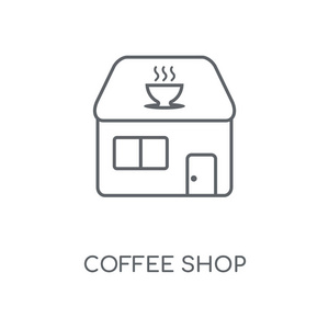 咖啡店线性图标。咖啡店概念笔画符号设计。薄的图形元素向量例证, 在白色背景上的轮廓样式, eps 10