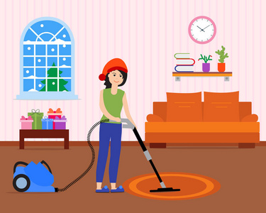 女孩打扫和装饰房间的假期照片