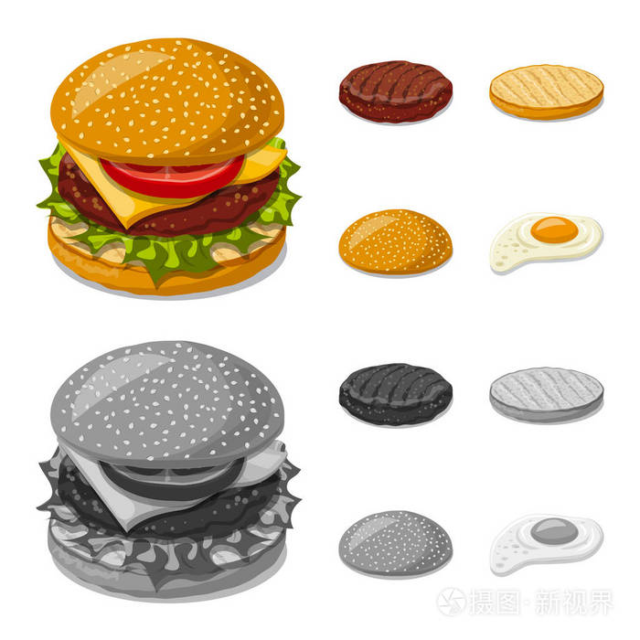 汉堡和三明治图标的矢量插图。汉堡和切片库存矢量图的收集